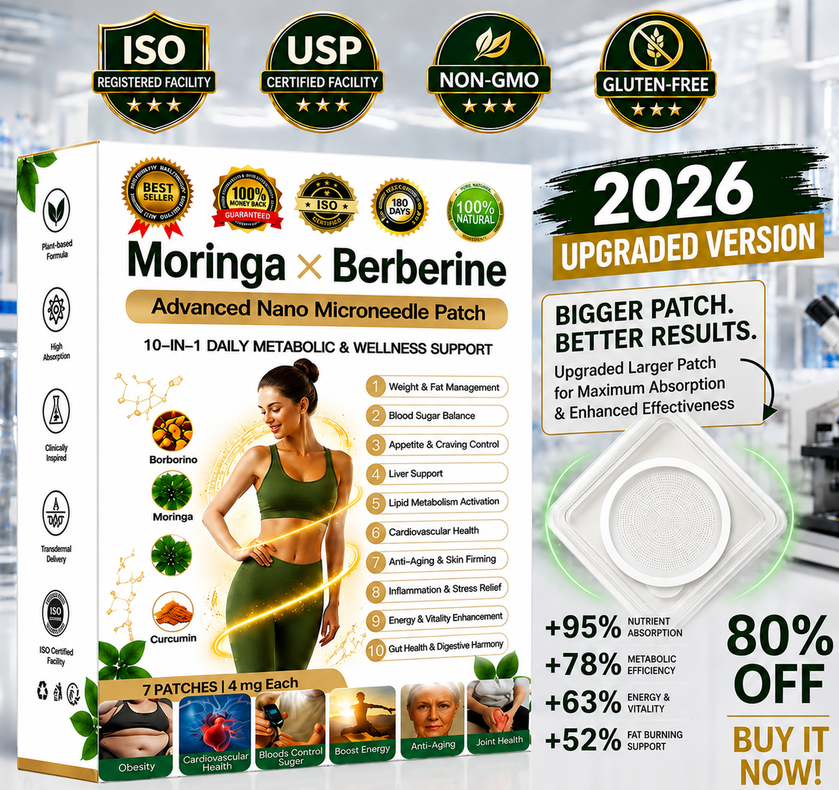 Rovinaoยฎ Moringa ยท Berberine 10-in-1 Advanced Nano Microneedle Patch ๐ฌ๐๐๐๐๐๐๐๐ ๐ฝ๐