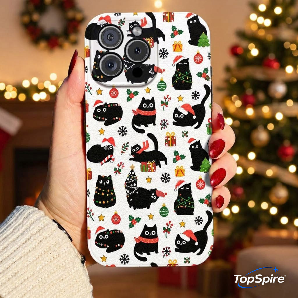 TopSpire®Cat Lover Leather Phone Case Christmas Naughty Black Cats - Black