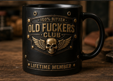 Old F*ckers Club black mug detail