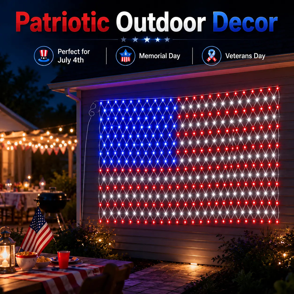 Solar American Flag Lights Outdoor,420 LEDs American Flag Net Lights 6.5ft x 3.28ft Super Bright