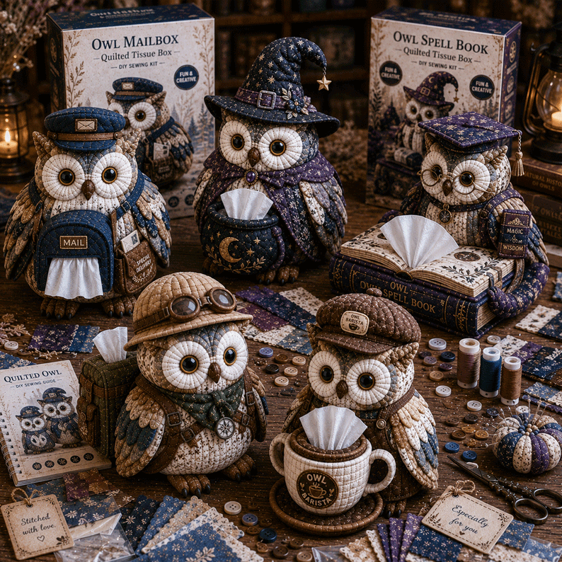 🦉DIY Sewing Kit - Quilted Tissue Box with Wise Owl Pattern
