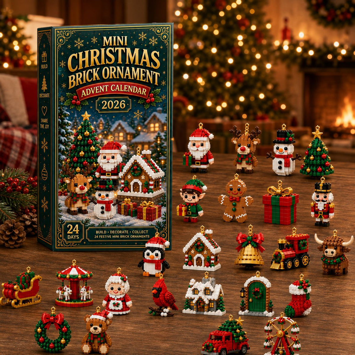 Last Day 49% OFF – 24-Day Mini Christmas Brick Ornament Advent Calendar | 24 Unique Buildable Holiday Designs with Hanging Loops for Trees, Garlands & Festive Displays
