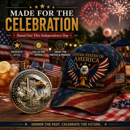 🎉Patriotic 4th of July ❤️ 🇺🇸 USA 250th Anniversary Patriotic Eagle Embroidered Cap 🎁 Free Honor Coin With Every Cap Purchase