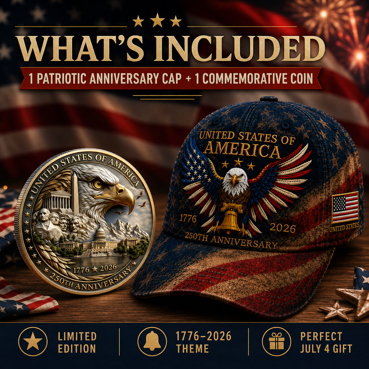 🎉Patriotic 4th of July ❤️ 🇺🇸 USA 250th Anniversary Patriotic Eagle Embroidered Cap 🎁 Free Honor Coin With Every Cap Purchase