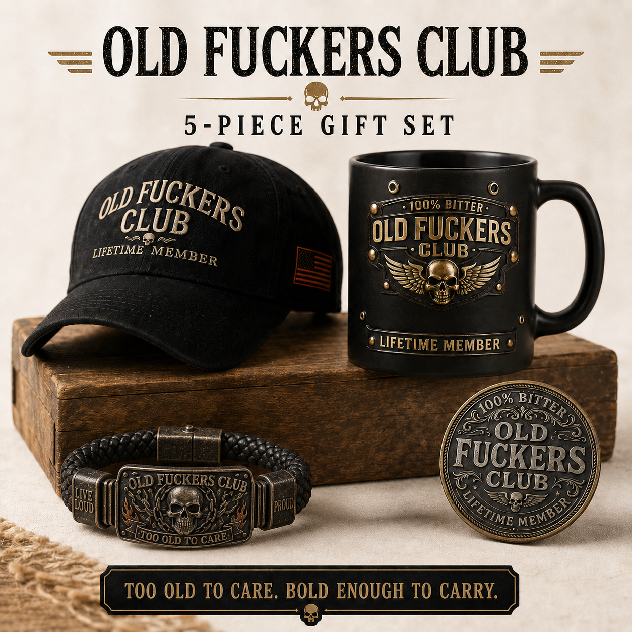 🔥 Today Only: FREE Collector Coin🔥 | ☠️Old Fuckers Club 2026 Ultimate Skull Gift Set — Cap + Bracelet + Vintage Lighter + Mug