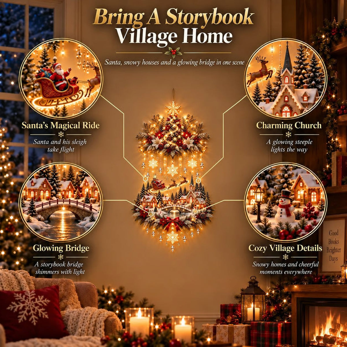 🎄🏠TopSpire®Illuminated Christmas tree and Christmas village wall hanging | Warm glowing string lights for living rooms, entryways and stairwells ✨