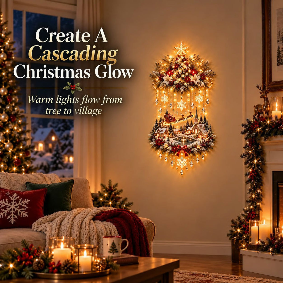 🎄🏠TopSpire®Illuminated Christmas tree and Christmas village wall hanging | Warm glowing string lights for living rooms, entryways and stairwells ✨