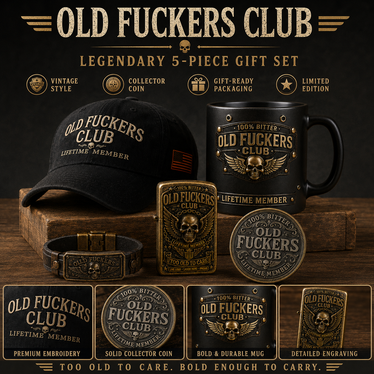 🔥 Today Only: FREE Collector Coin🔥 | ☠️Old Fuckers Club 2026 Ultimate Skull Gift Set — Cap + Bracelet + Vintage Lighter + Mug