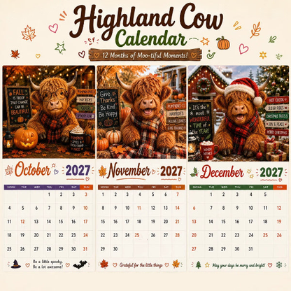 🐮 2027 Funny Highland Cow Wall Calendar🗓️ | A4 Hanging Calendar |🎁 Designed by Isabel Kline 🎨📆