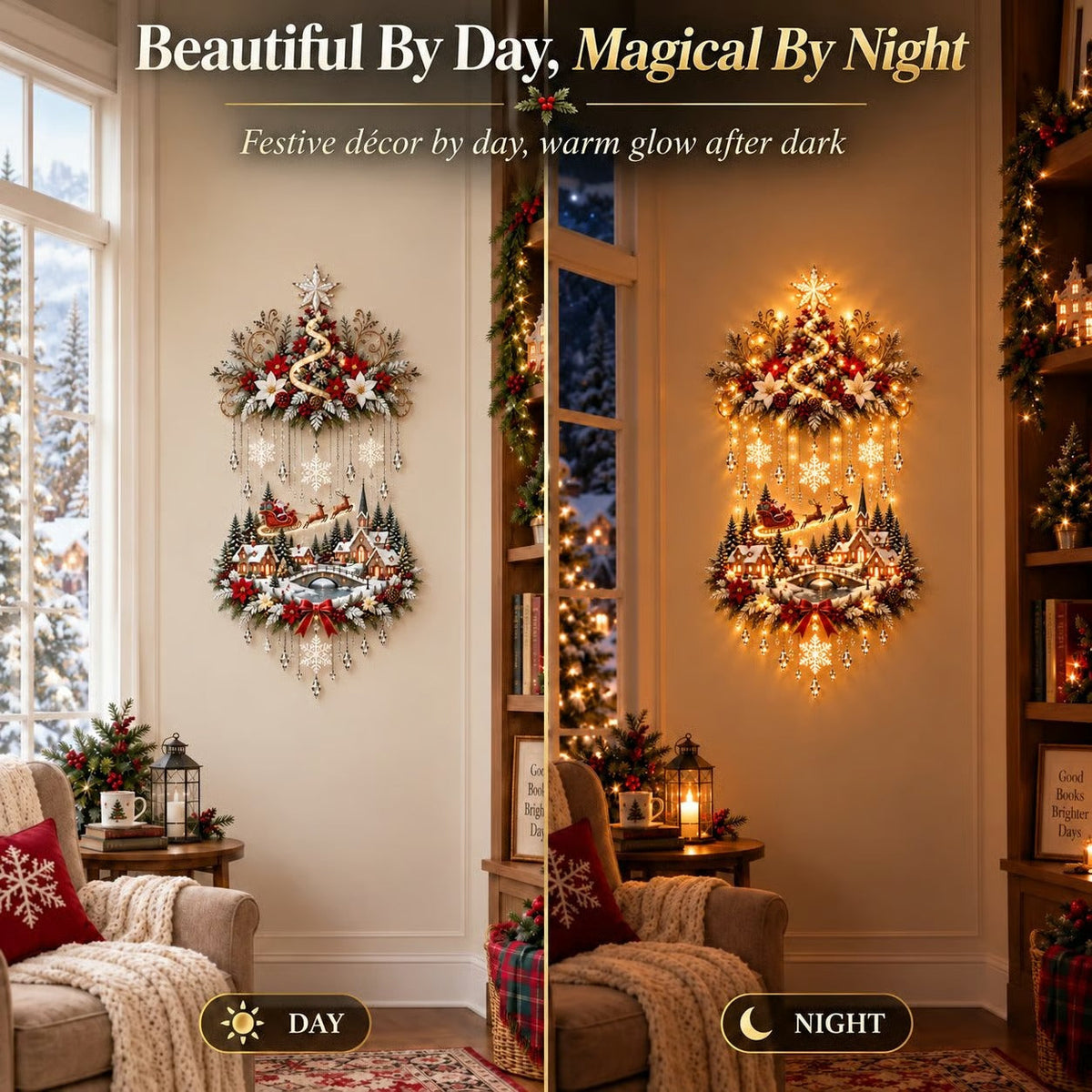 🎄🏠TopSpire®Illuminated Christmas tree and Christmas village wall hanging | Warm glowing string lights for living rooms, entryways and stairwells ✨