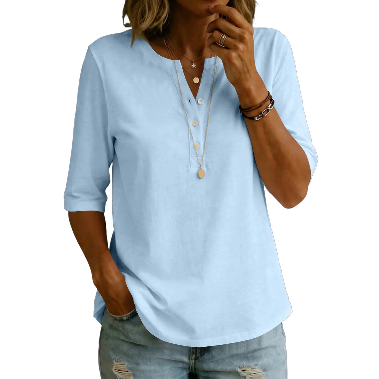 🌿Women’s Classic Henley Collar 100% Cotton T-shirt