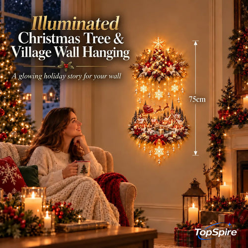 🎄🏠TopSpire®Illuminated Christmas tree and Christmas village wall hanging | Warm glowing string lights for living rooms, entryways and stairwells ✨