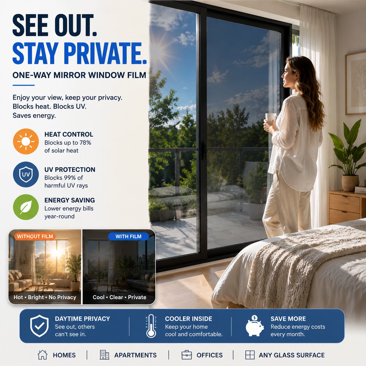 ☀️ One-Way Mirror Window Film – Heat Control & UV Protection