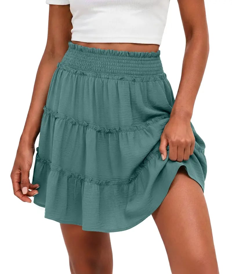 🌓 Women's Boho Floral Skorts, Flowy Tiered Ruffle Elastic-Waist Bottoms with Built-in Shorts and Pockets, Casual Style