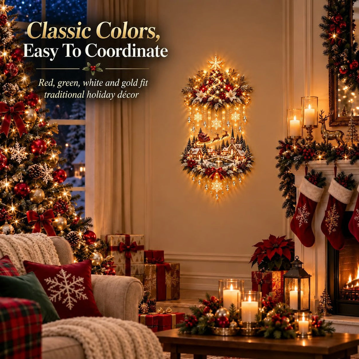 🎄🏠TopSpire®Illuminated Christmas tree and Christmas village wall hanging | Warm glowing string lights for living rooms, entryways and stairwells ✨