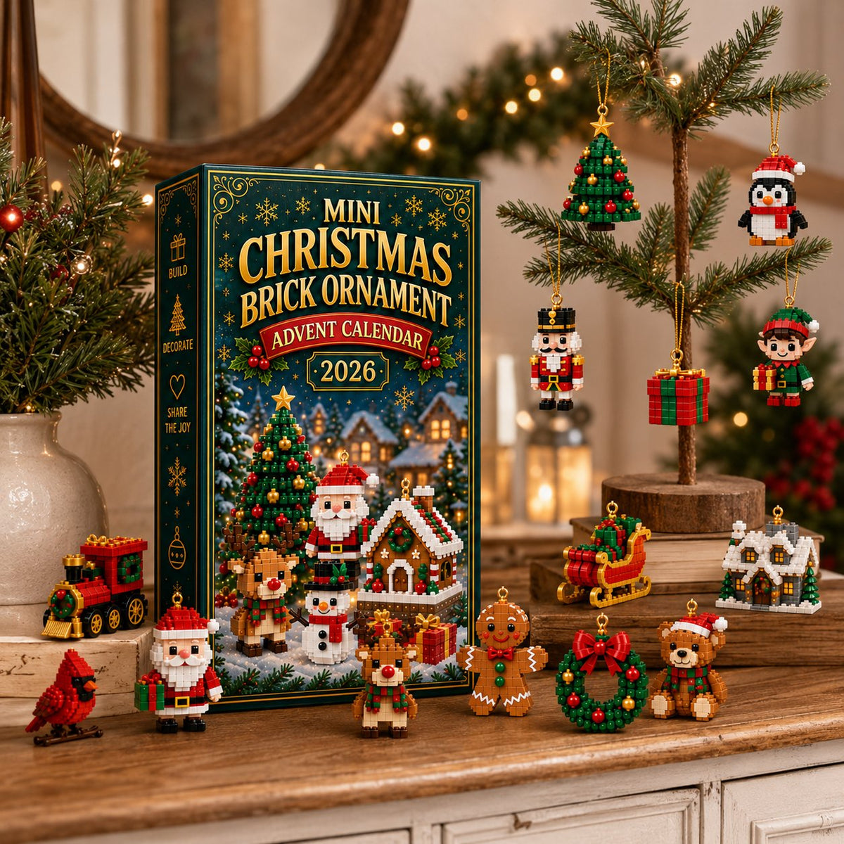 Last Day 49% OFF – 24-Day Mini Christmas Brick Ornament Advent Calendar | 24 Unique Buildable Holiday Designs with Hanging Loops for Trees, Garlands & Festive Displays