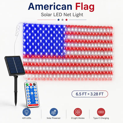 Solar American Flag Lights Outdoor,420 LEDs American Flag Net Lights 6.5ft x 3.28ft Super Bright