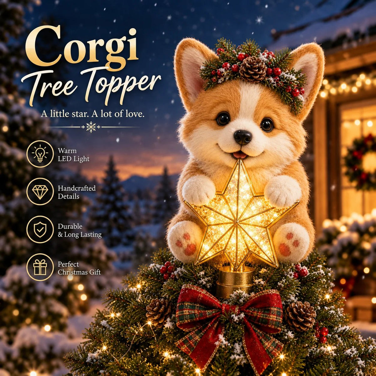 TopSpire®Christmas Glow Pup Tree Topper - Light-Up Holiday Dog Tree Topper