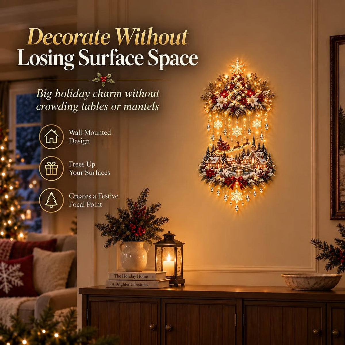 🎄🏠TopSpire®Illuminated Christmas tree and Christmas village wall hanging | Warm glowing string lights for living rooms, entryways and stairwells ✨