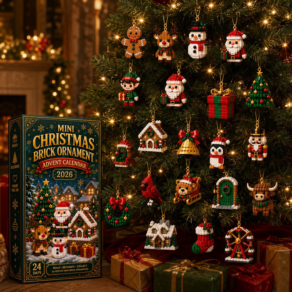 Last Day 49% OFF – 24-Day Mini Christmas Brick Ornament Advent Calendar | 24 Unique Buildable Holiday Designs with Hanging Loops for Trees, Garlands & Festive Displays