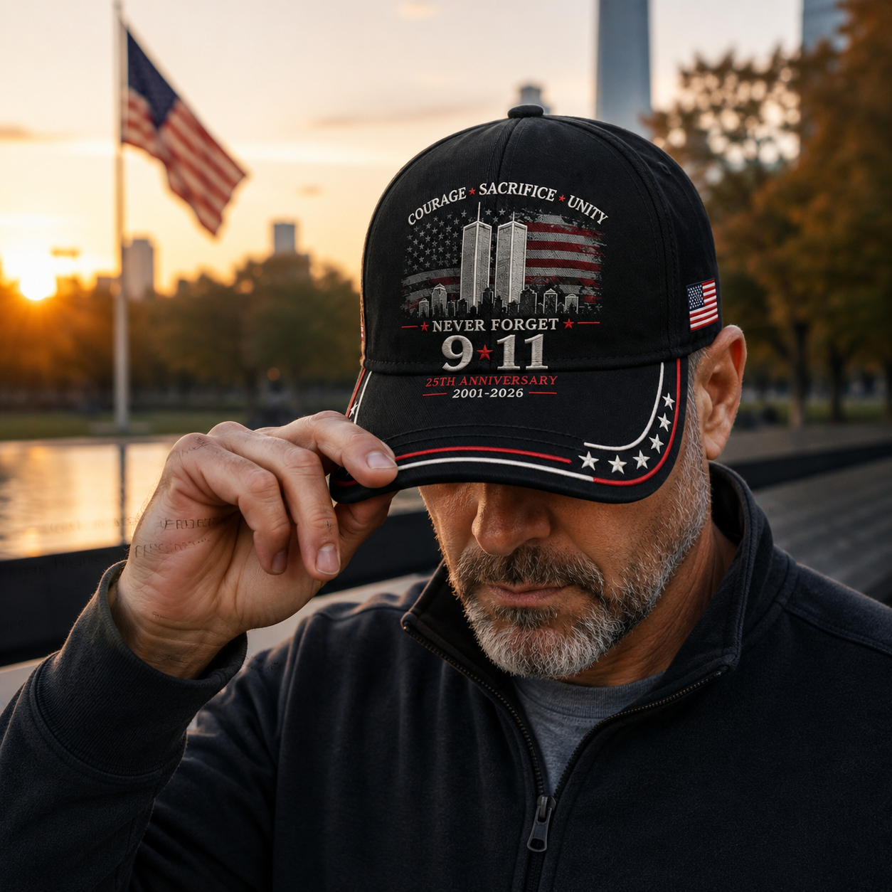 Man wearing the 9/11 25th Anniversary memorial cap