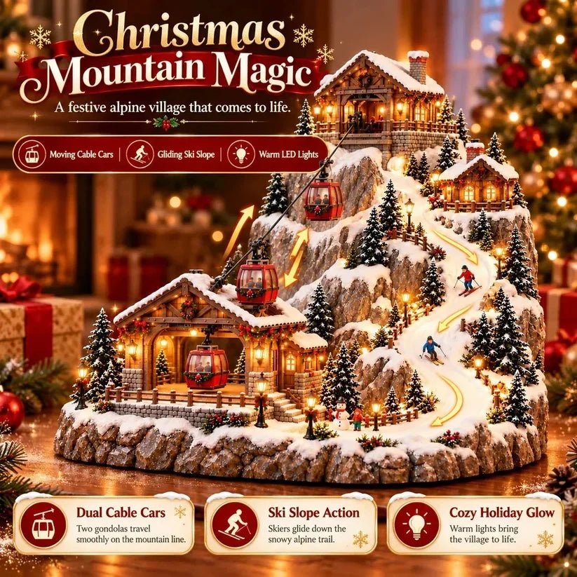 🚡TopSpire®Animated Christmas Mountain Cable Car & Ski Village Scene ✨