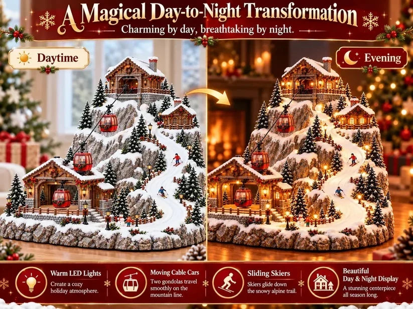 🚡TopSpire®Animated Christmas Mountain Cable Car & Ski Village Scene ✨