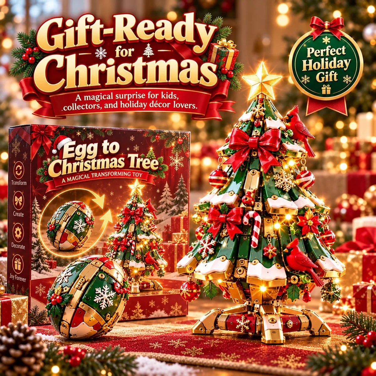 🔥 Last Day 50% Off 🔥 TopSpire®Egg-to-christmas Tree™ Magical Transforming Toy – Cardinal Christmas Tree Holiday Gift 🎄🎁✨