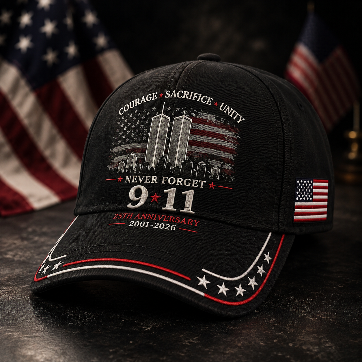 Never Forget 9/11 – 25th Anniversary Memorial Cap | 2001–2026🎁Free Memorial Coin With EveryCap Purchase