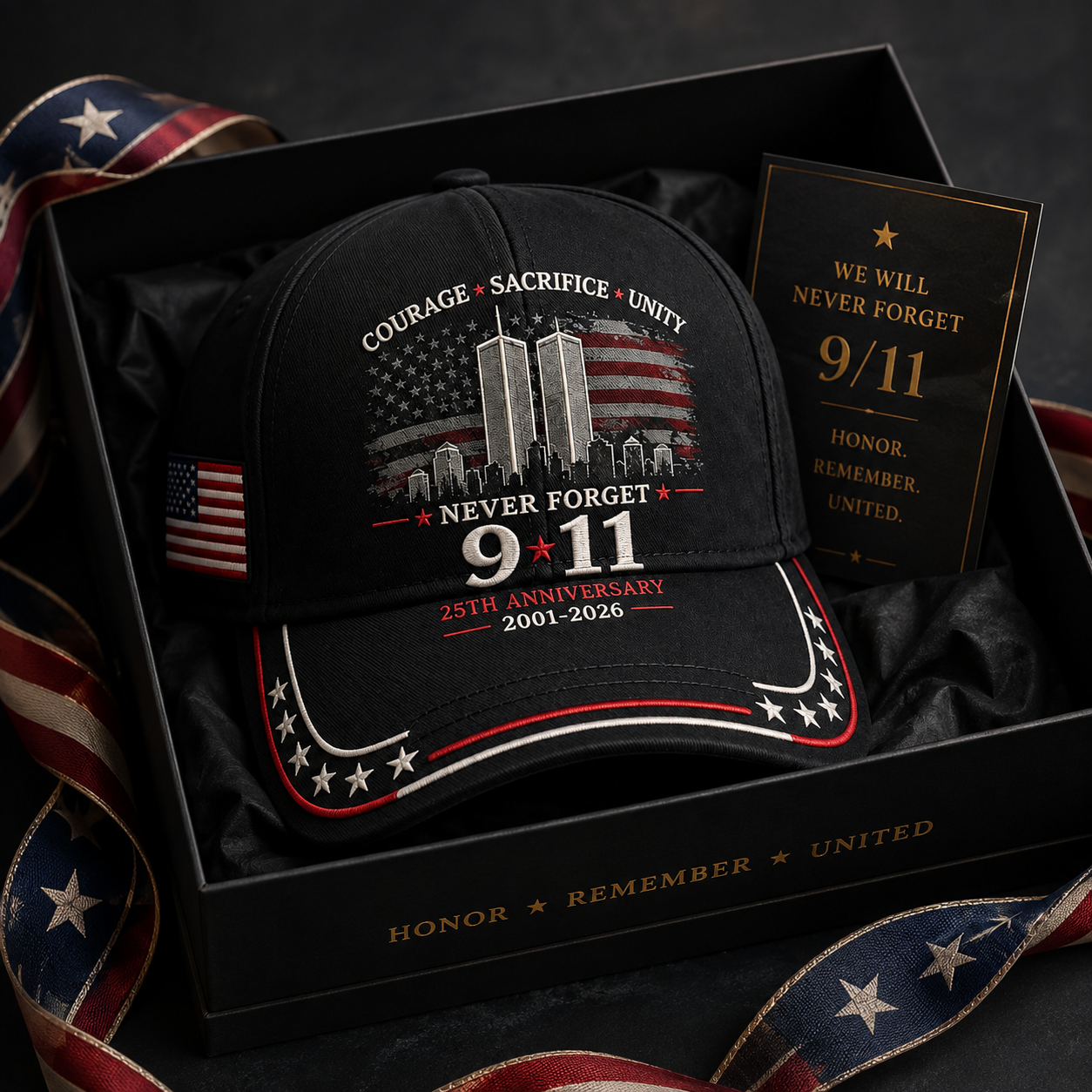 Never Forget 9/11 – 25th Anniversary Memorial Cap | 2001–2026🎁Free Memorial Coin With EveryCap Purchase