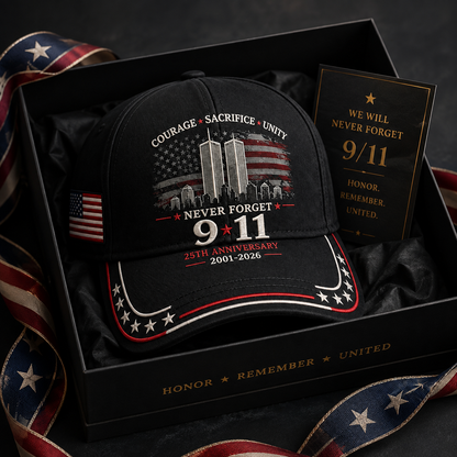 Never Forget 9/11 – 25th Anniversary Memorial Cap | 2001–2026🎁Free Memorial Coin With EveryCap Purchase