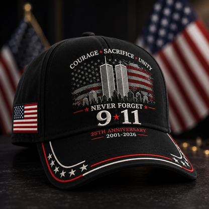 Never Forget 9/11 – 25th Anniversary Memorial Cap | 2001–2026🎁Free Memorial Coin With EveryCap Purchase