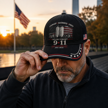 Never Forget 9/11 – 25th Anniversary Memorial Cap | 2001–2026🎁Free Memorial Coin With EveryCap Purchase