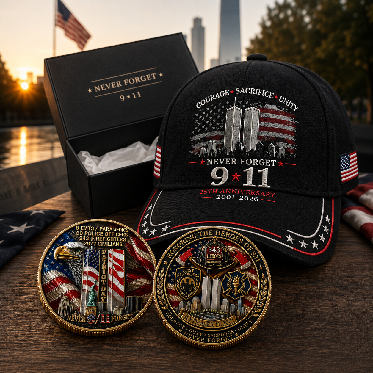 Never Forget 9/11 – 25th Anniversary Memorial Cap | 2001–2026🎁Free Memorial Coin With EveryCap Purchase