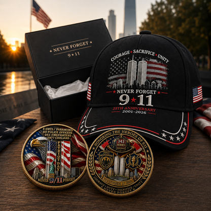 Never Forget 9/11 – 25th Anniversary Memorial Cap | 2001–2026🎁Free Memorial Coin With EveryCap Purchase