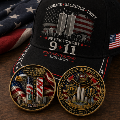 Never Forget 9/11 – 25th Anniversary Memorial Cap | 2001–2026🎁Free Memorial Coin With EveryCap Purchase