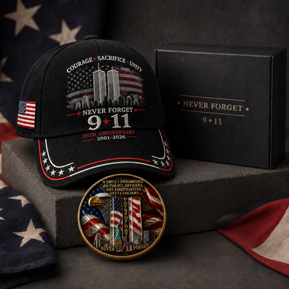 Never Forget 9/11 – 25th Anniversary Memorial Cap | 2001–2026🎁Free Memorial Coin With EveryCap Purchase