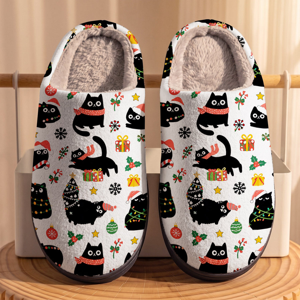 TopSpire®Cat Lover Fleece Lined Slippers Christmas Naughty Black Cats
