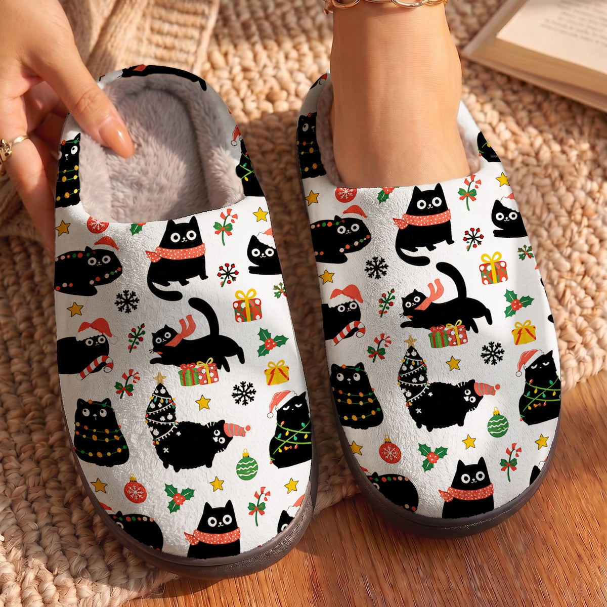 TopSpire®Cat Lover Fleece Lined Slippers Christmas Naughty Black Cats