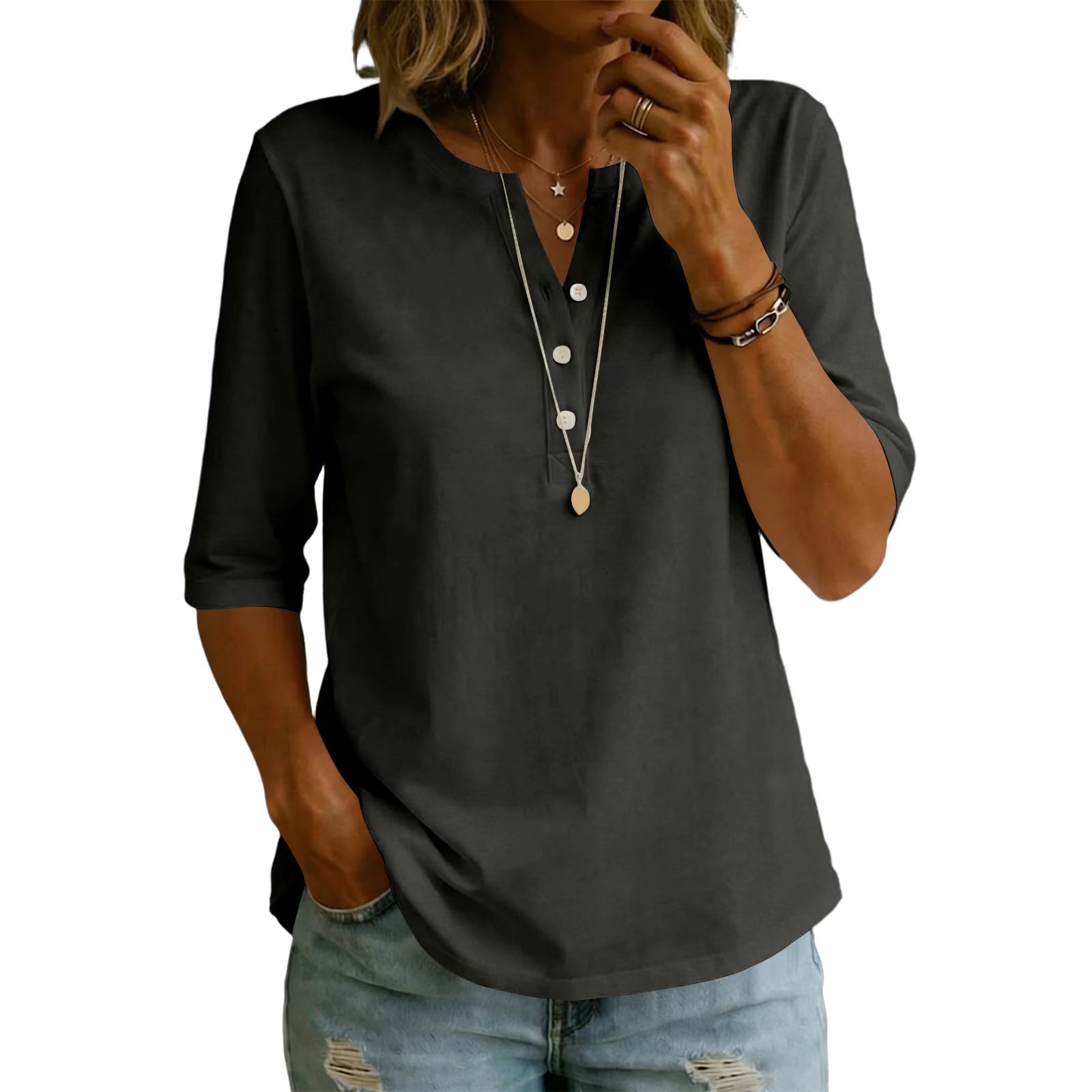 🌿Women’s Classic Henley Collar 100% Cotton T-shirt