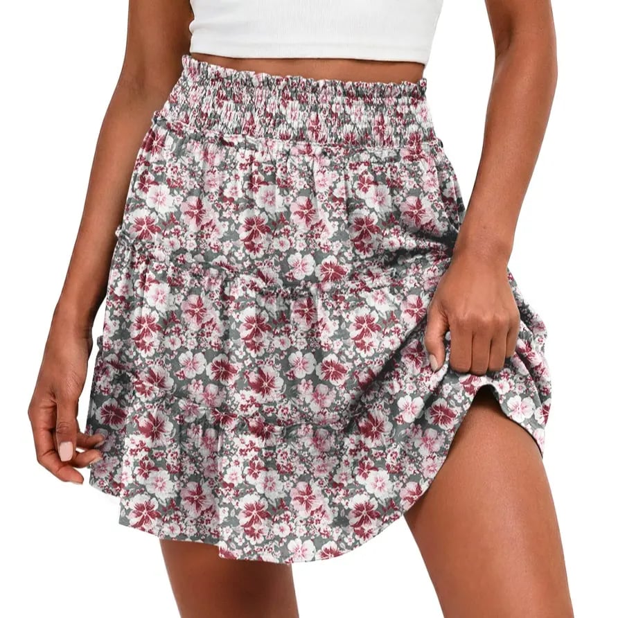 🌓 Women's Boho Floral Skorts, Flowy Tiered Ruffle Elastic-Waist Bottoms with Built-in Shorts and Pockets, Casual Style