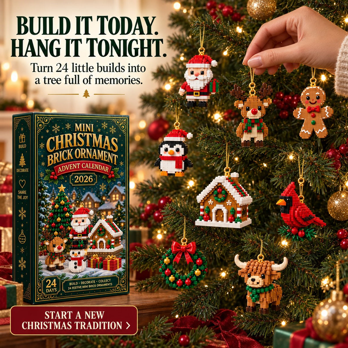 Last Day 49% OFF – 24-Day Mini Christmas Brick Ornament Advent Calendar | 24 Unique Buildable Holiday Designs with Hanging Loops for Trees, Garlands & Festive Displays
