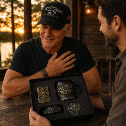 🔥 Today Only: FREE Collector Coin🔥 | ☠️Old Fuckers Club 2026 Ultimate Skull Gift Set — Cap + Bracelet + Vintage Lighter + Mug