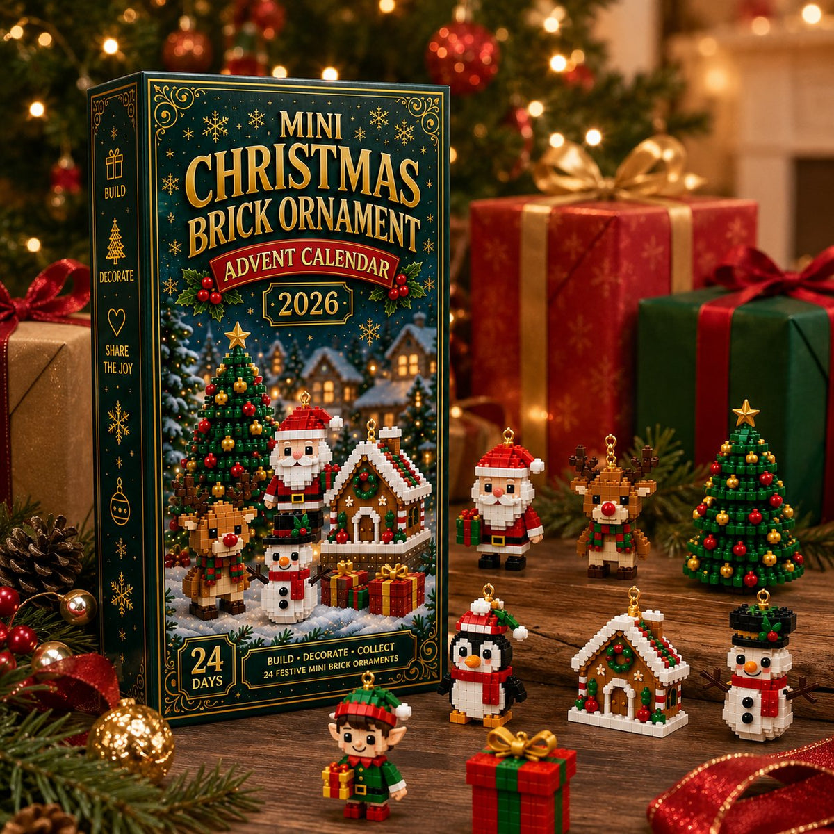 Last Day 49% OFF – 24-Day Mini Christmas Brick Ornament Advent Calendar | 24 Unique Buildable Holiday Designs with Hanging Loops for Trees, Garlands & Festive Displays