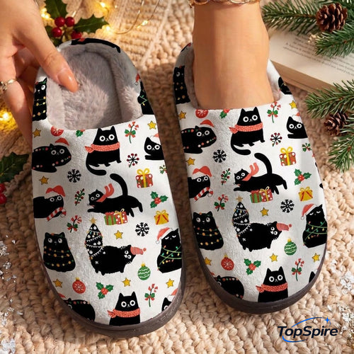 TopSpire®Cat Lover Fleece Lined Slippers Christmas Naughty Black Cats