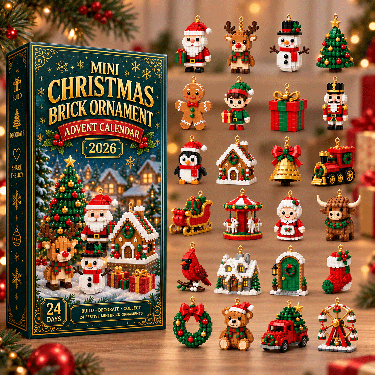 Last Day 49% OFF – 24-Day Mini Christmas Brick Ornament Advent Calendar | 24 Unique Buildable Holiday Designs with Hanging Loops for Trees, Garlands & Festive Displays