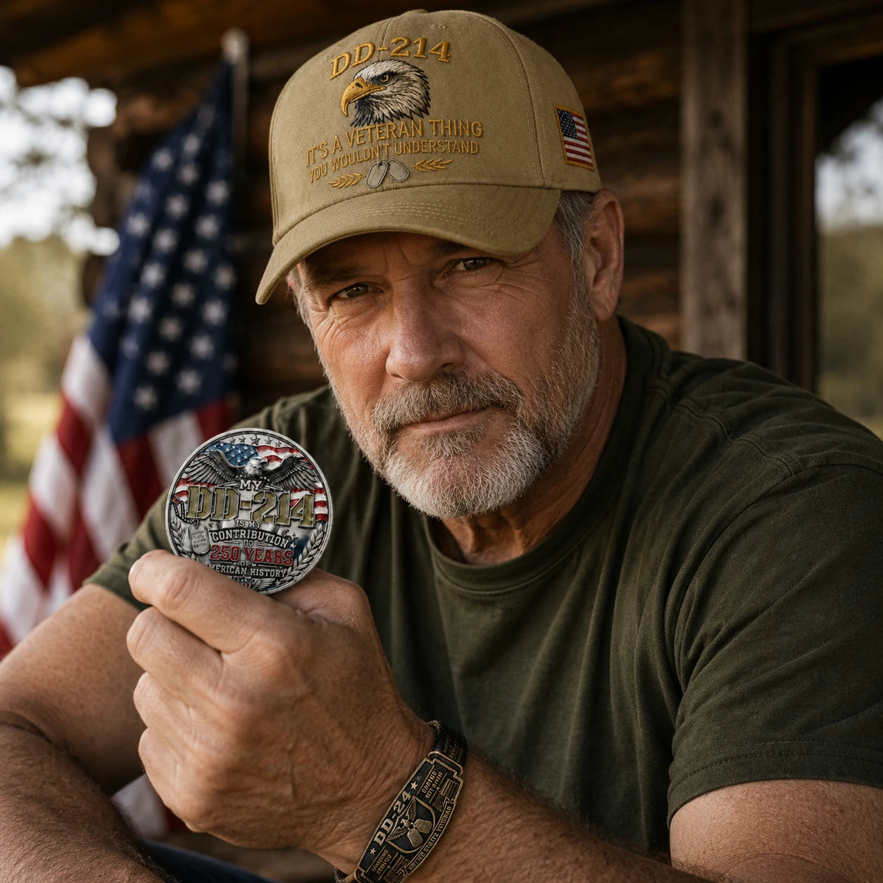Proud veteran wearing the DD-214 cap and bracelet while holding the commemorative coin
