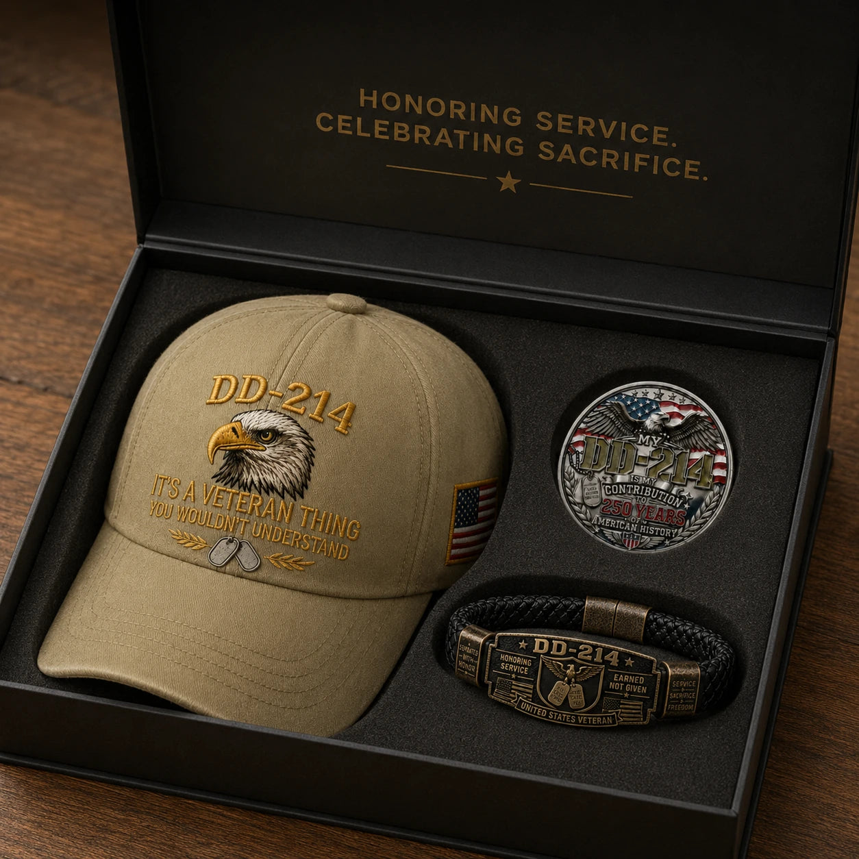 DD-214 cap, coin and bracelet arranged in a premium presentation box
