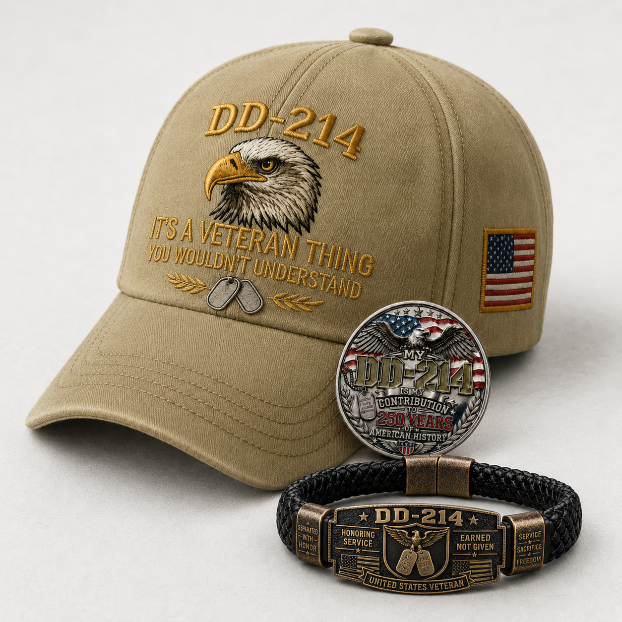 🔥 Today Only: FREE Collector Coin🔥 | DD-214 Veteran Honor 3-Piece Gift Set – Embroidered Cap, Coin & Bracelet