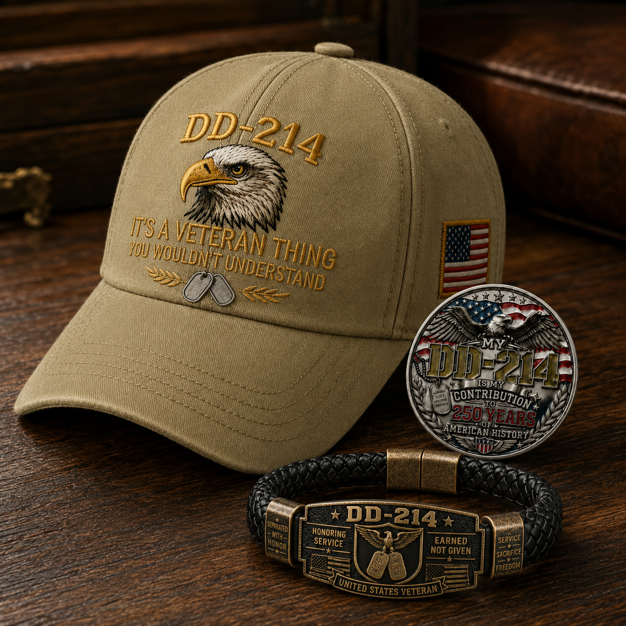 🔥 Today Only: FREE Collector Coin🔥 | DD-214 Veteran Honor 3-Piece Gift Set – Embroidered Cap, Coin & Bracelet